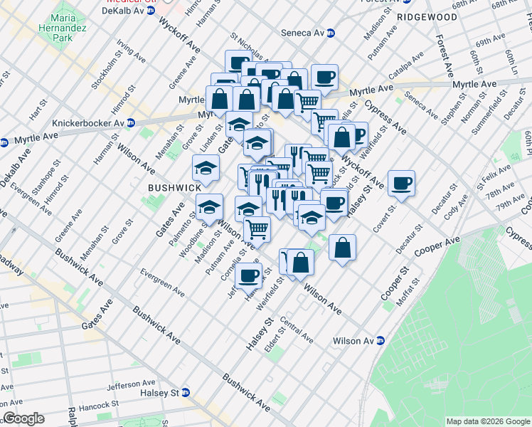 map of restaurants, bars, coffee shops, grocery stores, and more near 685 Knickerbocker Avenue in Brooklyn