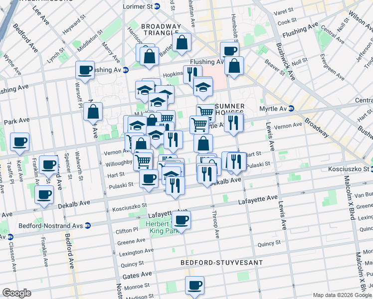 map of restaurants, bars, coffee shops, grocery stores, and more near 160 Vernon Avenue in Brooklyn