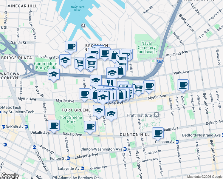 map of restaurants, bars, coffee shops, grocery stores, and more near 86 Clinton Avenue in Brooklyn