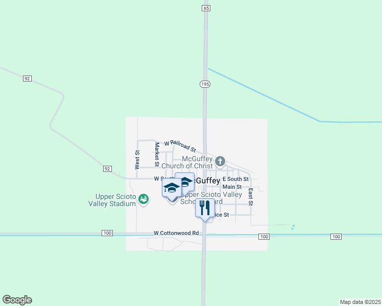 map of restaurants, bars, coffee shops, grocery stores, and more near 114 West Railroad Street in McGuffey