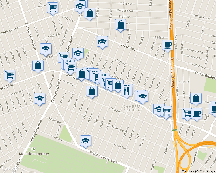 map of restaurants, bars, coffee shops, grocery stores, and more near 116-42 224th Street in Queens
