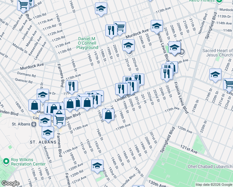 map of restaurants, bars, coffee shops, grocery stores, and more near 116-30 199th Street in Queens