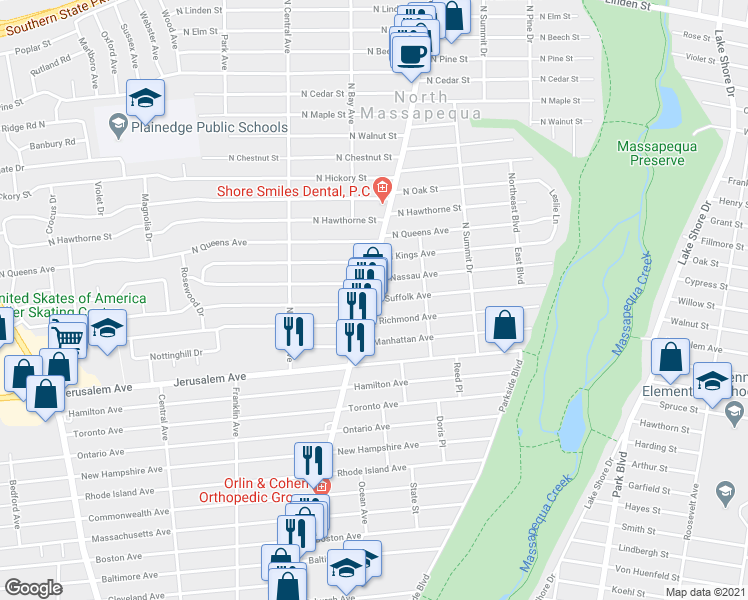 map of restaurants, bars, coffee shops, grocery stores, and more near 197 North Suffolk Avenue in Massapequa