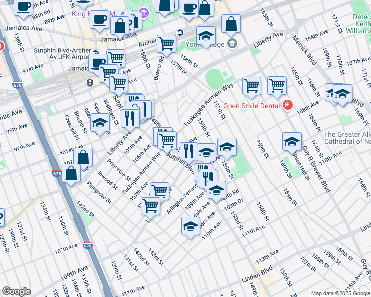 map of restaurants, bars, coffee shops, grocery stores, and more near 150-31 107th Avenue in Queens