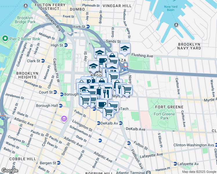map of restaurants, bars, coffee shops, grocery stores, and more near 160 Johnson Street in Brooklyn