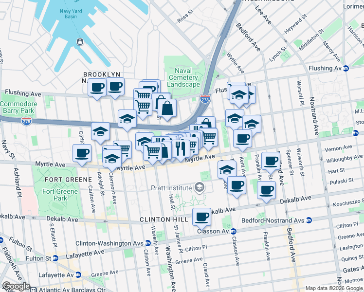 map of restaurants, bars, coffee shops, grocery stores, and more near 96 Grand Avenue in Brooklyn