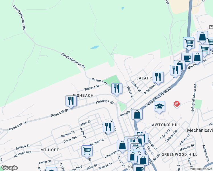 map of restaurants, bars, coffee shops, grocery stores, and more near 779 North Centre Street in Pottsville