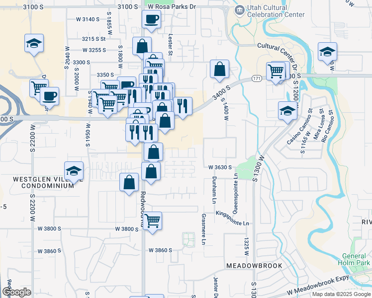 map of restaurants, bars, coffee shops, grocery stores, and more near 1491 West 3500 South in West Valley City