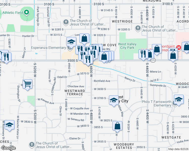 map of restaurants, bars, coffee shops, grocery stores, and more near 4789 Valley Villa Drive in West Valley City