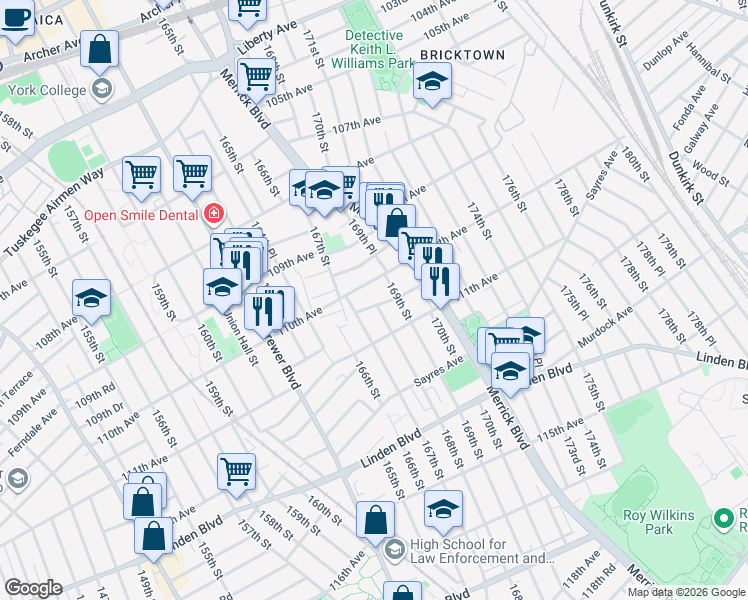 map of restaurants, bars, coffee shops, grocery stores, and more near 167-16 Brinkerhoff Avenue in Queens