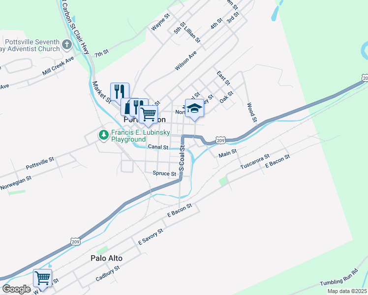map of restaurants, bars, coffee shops, grocery stores, and more near 86 Coal Street in Port Carbon