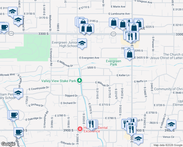 map of restaurants, bars, coffee shops, grocery stores, and more near 2059 East Keller Lane in Salt Lake City