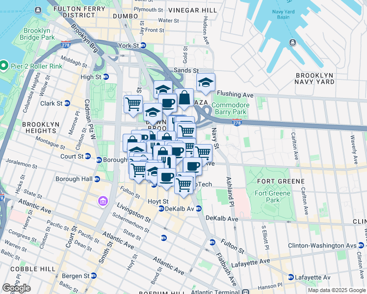 map of restaurants, bars, coffee shops, grocery stores, and more near 171 Johnson Street in Brooklyn