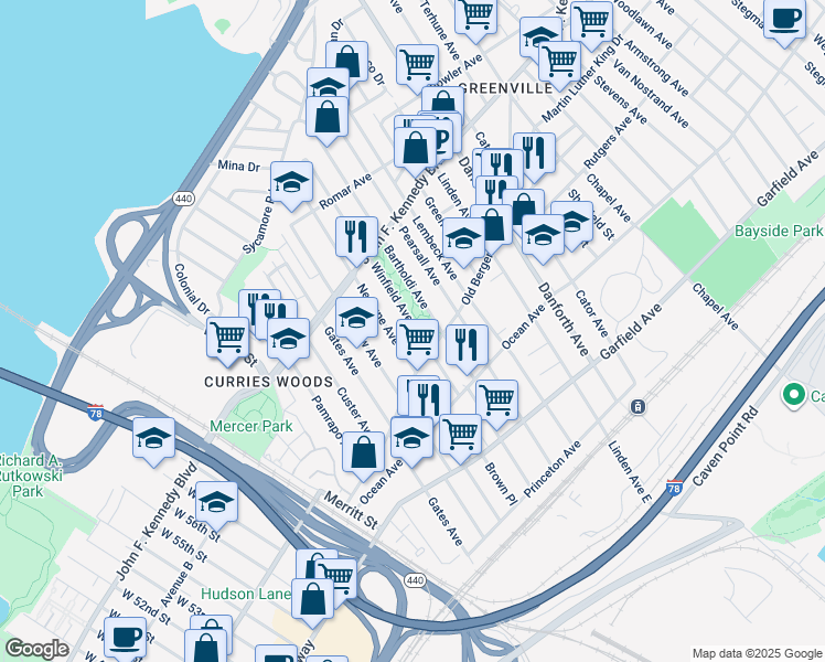 map of restaurants, bars, coffee shops, grocery stores, and more near 68 Bartholdi Avenue in Jersey City