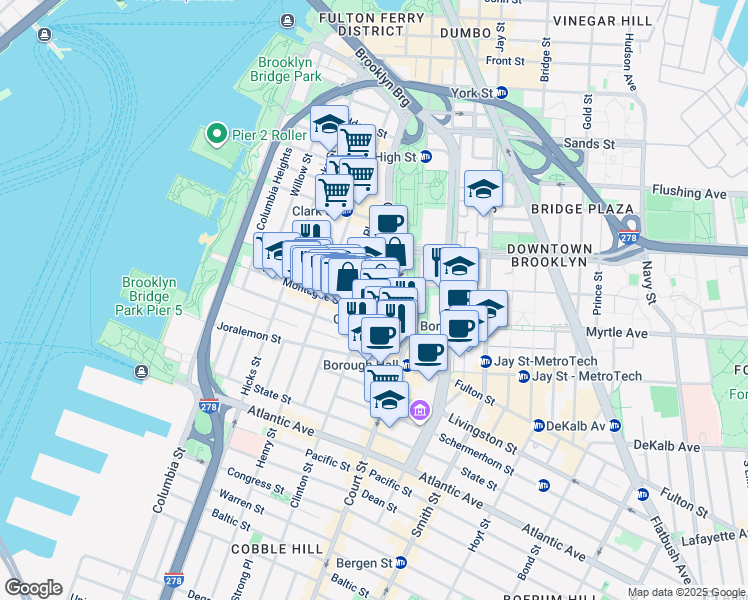 map of restaurants, bars, coffee shops, grocery stores, and more near 177 Montague Street in Brooklyn