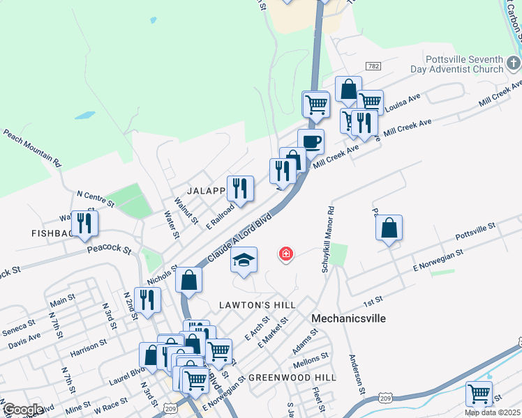 map of restaurants, bars, coffee shops, grocery stores, and more near 439 Nichols Street in Pottsville