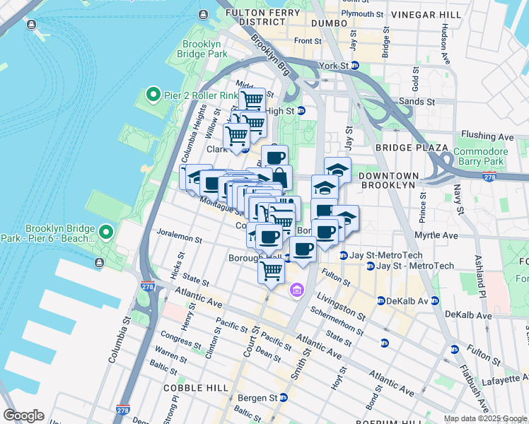 map of restaurants, bars, coffee shops, grocery stores, and more near 177 Montague Street in Brooklyn