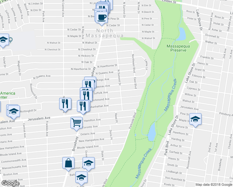 map of restaurants, bars, coffee shops, grocery stores, and more near 158 North Suffolk Avenue in Massapequa