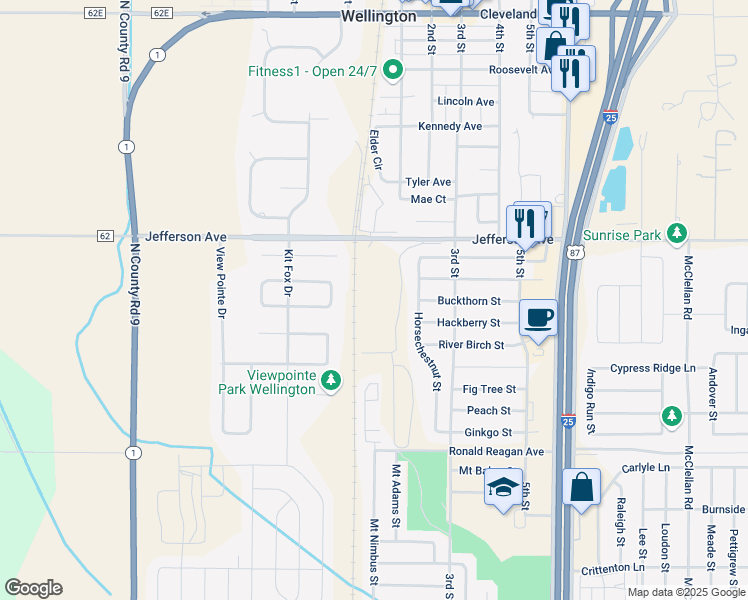 map of restaurants, bars, coffee shops, grocery stores, and more near 5111 County Road 62 in Wellington