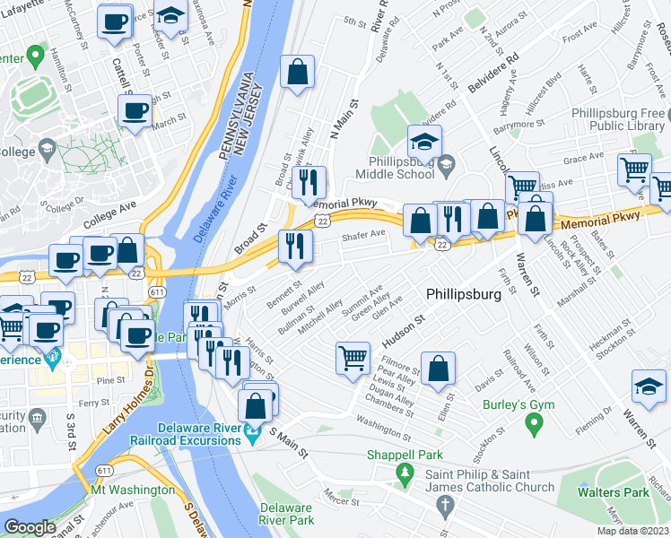 map of restaurants, bars, coffee shops, grocery stores, and more near 208 Morris Street in Phillipsburg