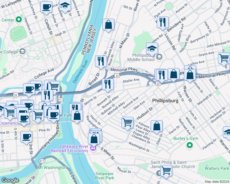 map of restaurants, bars, coffee shops, grocery stores, and more near 211 Morris Street in Phillipsburg