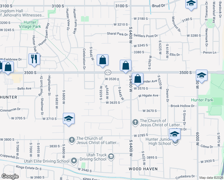 map of restaurants, bars, coffee shops, grocery stores, and more near 3584 South 6505 West in West Valley City