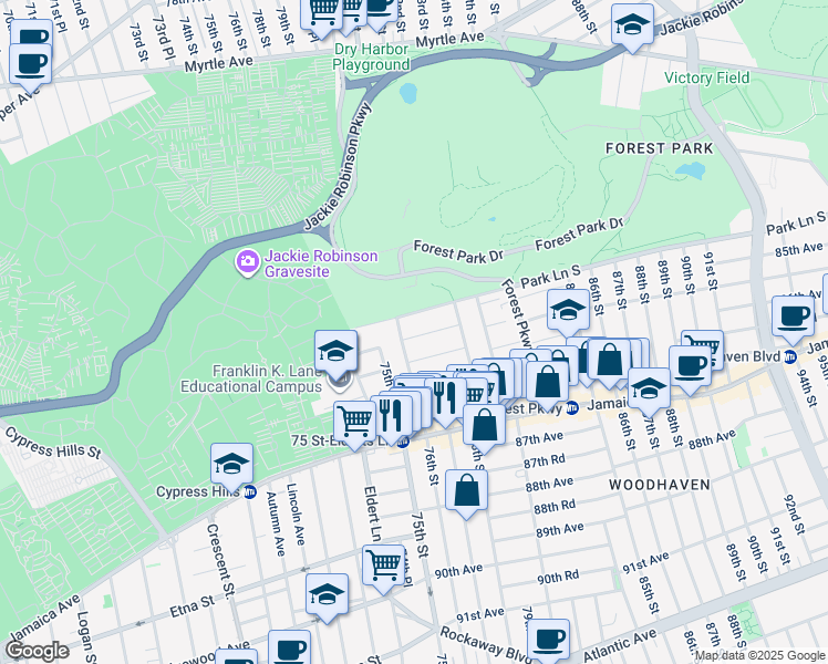 map of restaurants, bars, coffee shops, grocery stores, and more near 76-13 85th Road in Queens