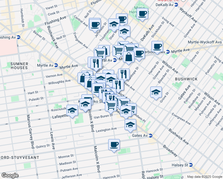 map of restaurants, bars, coffee shops, grocery stores, and more near 800 Bushwick Avenue in Brooklyn