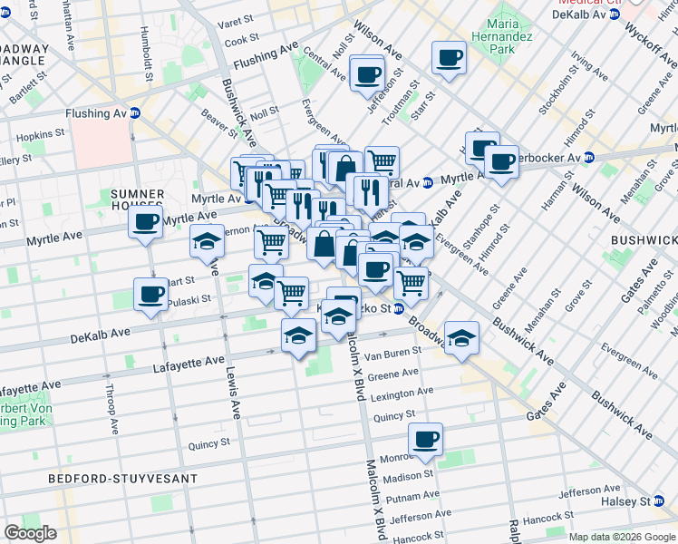 map of restaurants, bars, coffee shops, grocery stores, and more near 1068 Broadway in Brooklyn