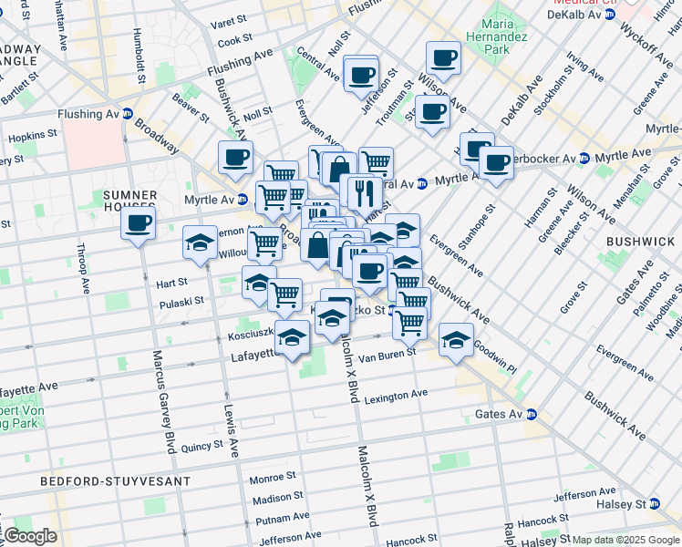 map of restaurants, bars, coffee shops, grocery stores, and more near Broadway & Lawton Street in Brooklyn