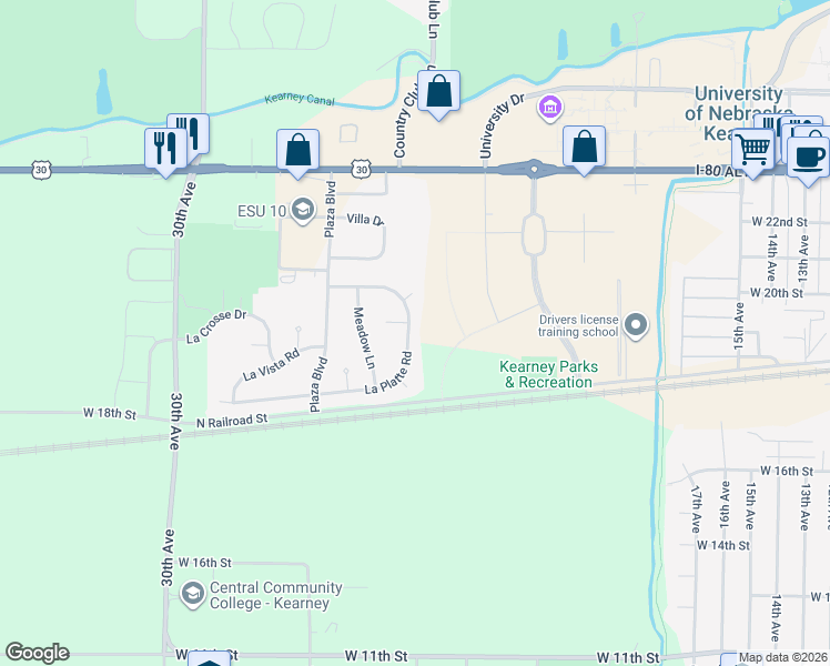 map of restaurants, bars, coffee shops, grocery stores, and more near 81 La Platte Road in Kearney