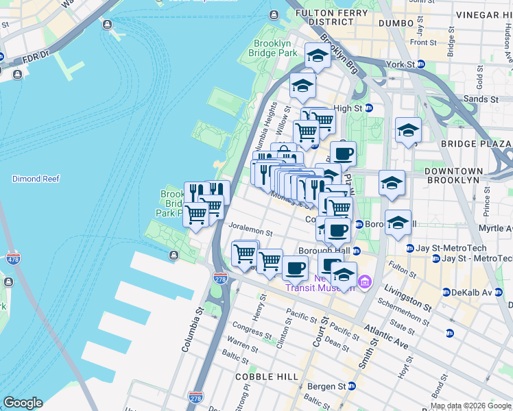 map of restaurants, bars, coffee shops, grocery stores, and more near 78 Montague Street in Brooklyn
