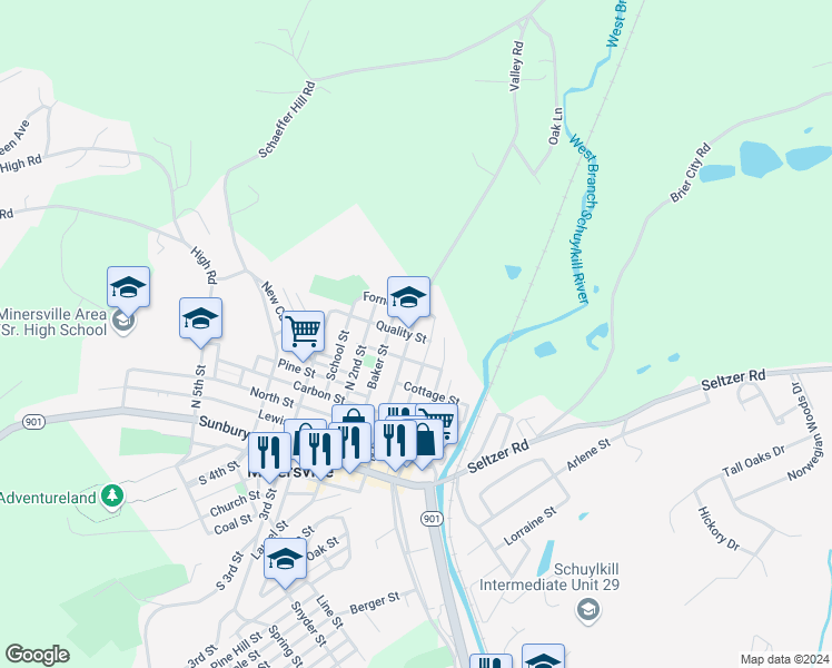 map of restaurants, bars, coffee shops, grocery stores, and more near 601 North Front Street in Minersville