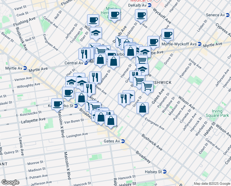map of restaurants, bars, coffee shops, grocery stores, and more near 1161 Greene Avenue in Brooklyn
