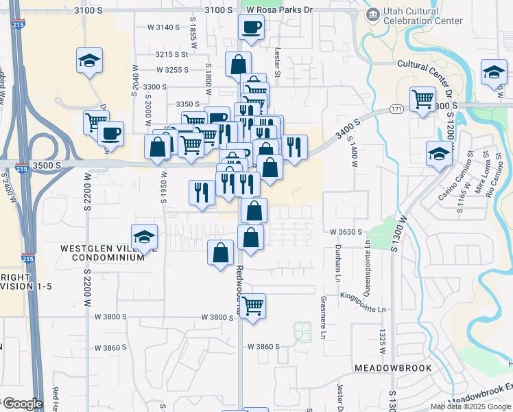 map of restaurants, bars, coffee shops, grocery stores, and more near 3586 South Davi Court in West Valley City