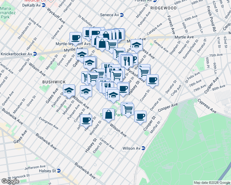 map of restaurants, bars, coffee shops, grocery stores, and more near 1354 Hancock Street in Brooklyn