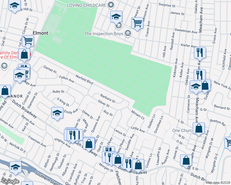 map of restaurants, bars, coffee shops, grocery stores, and more near 316 Norfeld Boulevard in Elmont