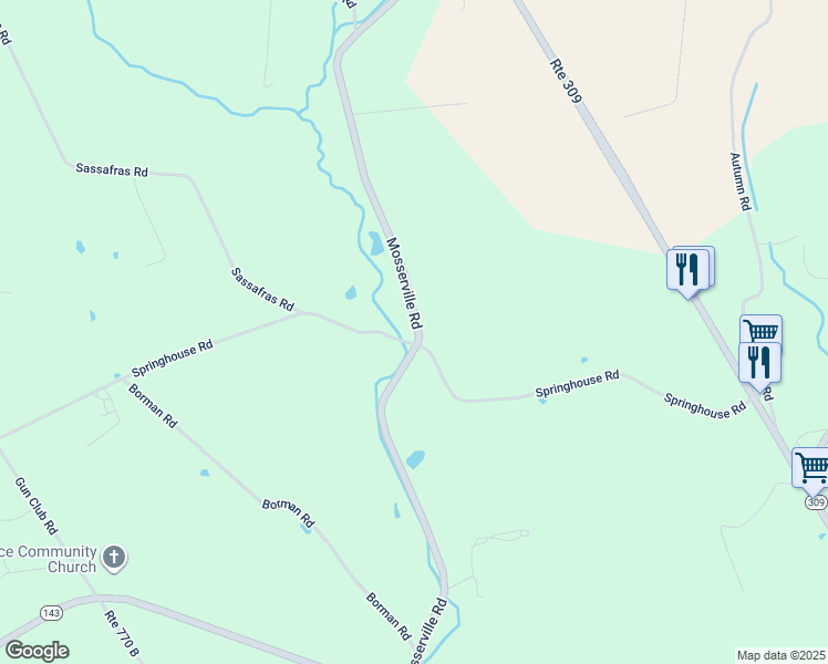 map of restaurants, bars, coffee shops, grocery stores, and more near 7051 Mosserville Road in New Tripoli