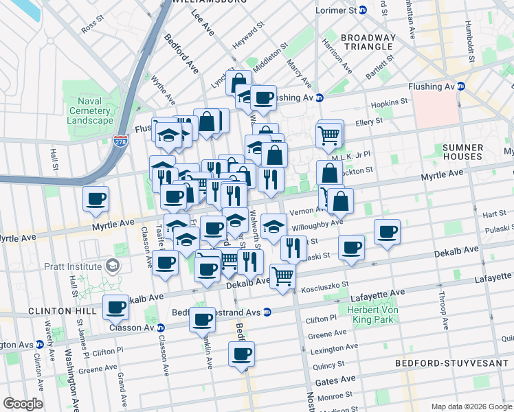map of restaurants, bars, coffee shops, grocery stores, and more near 711B Myrtle Avenue in Brooklyn