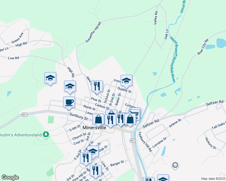 map of restaurants, bars, coffee shops, grocery stores, and more near 606 North 2nd Street in Minersville
