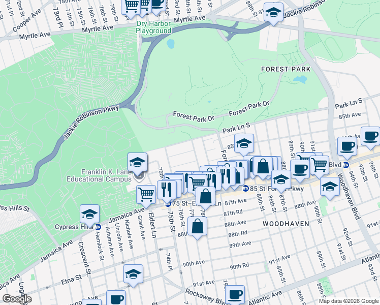 map of restaurants, bars, coffee shops, grocery stores, and more near 85-30 79th Street in Queens