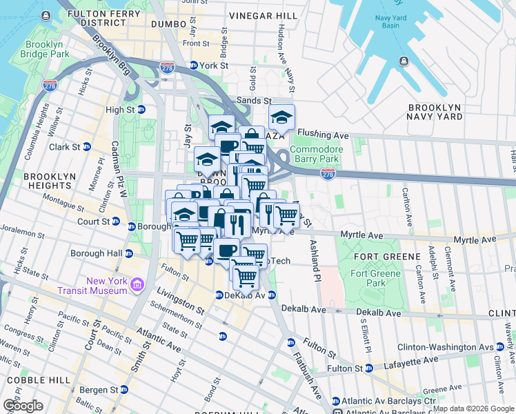 map of restaurants, bars, coffee shops, grocery stores, and more near 171 Johnson Street in Brooklyn