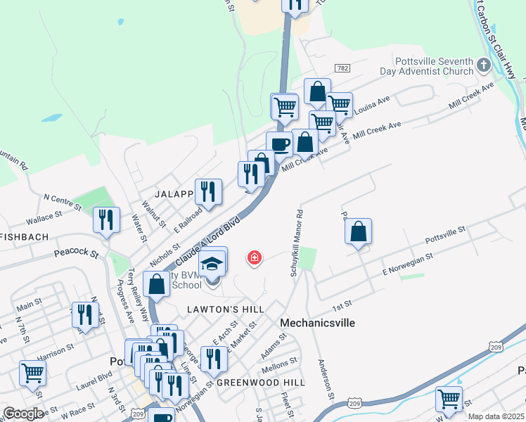 map of restaurants, bars, coffee shops, grocery stores, and more near 480 Pottsville Street in Minersville