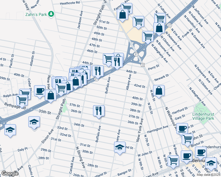 map of restaurants, bars, coffee shops, grocery stores, and more near 290 41st Street in Lindenhurst