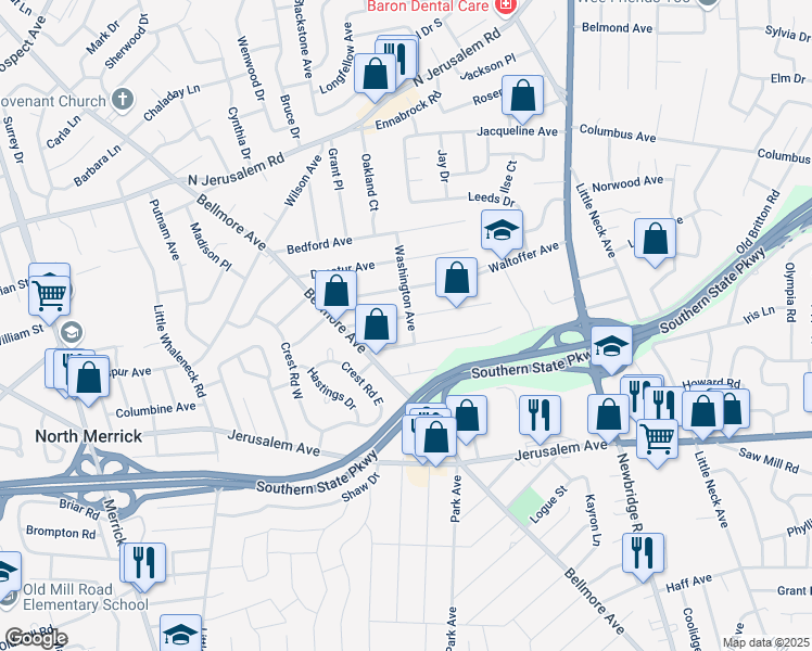 map of restaurants, bars, coffee shops, grocery stores, and more near 1060 Washington Avenue in North Bellmore