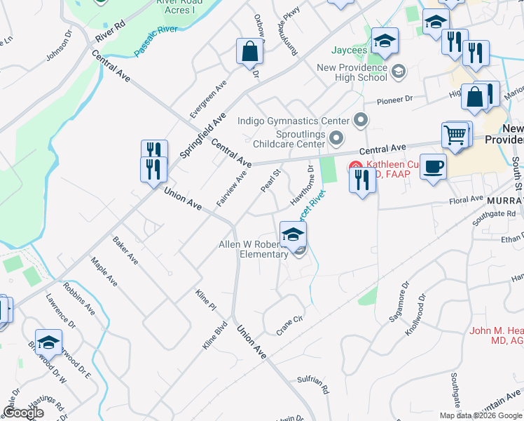map of restaurants, bars, coffee shops, grocery stores, and more near 25 Cameron Road in New Providence