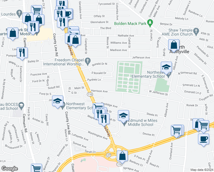 map of restaurants, bars, coffee shops, grocery stores, and more near 43E 43E Lee Place in Amityville