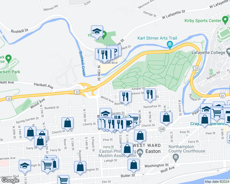 map of restaurants, bars, coffee shops, grocery stores, and more near 1137 Jackson Street in Easton