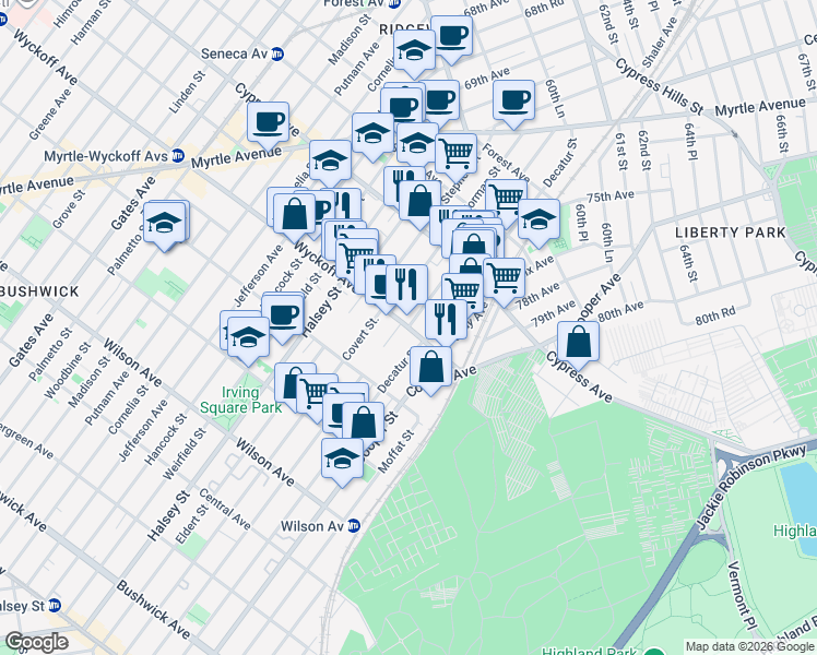 map of restaurants, bars, coffee shops, grocery stores, and more near Wyckoff Ave & Summerfield St in Queens