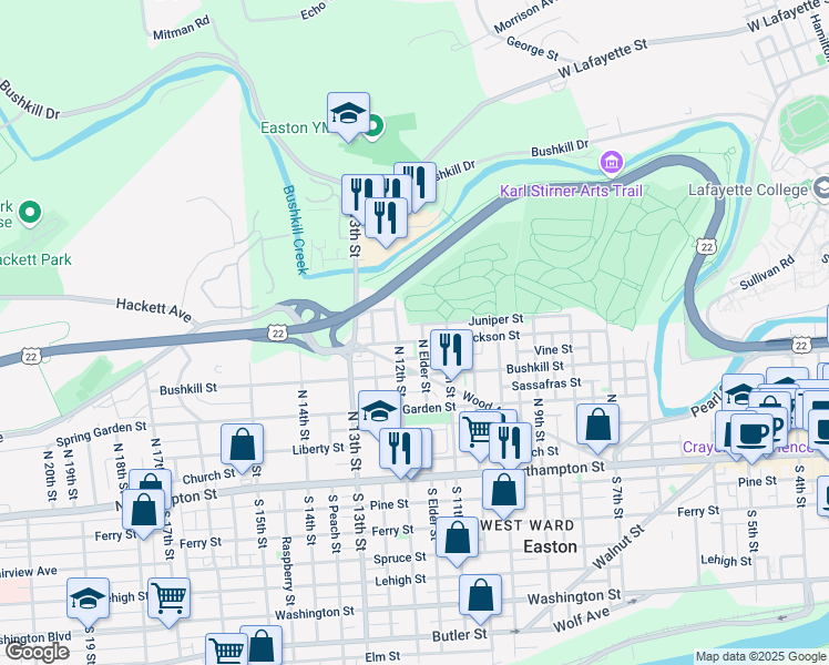 map of restaurants, bars, coffee shops, grocery stores, and more near 1135 Jackson Street in Easton